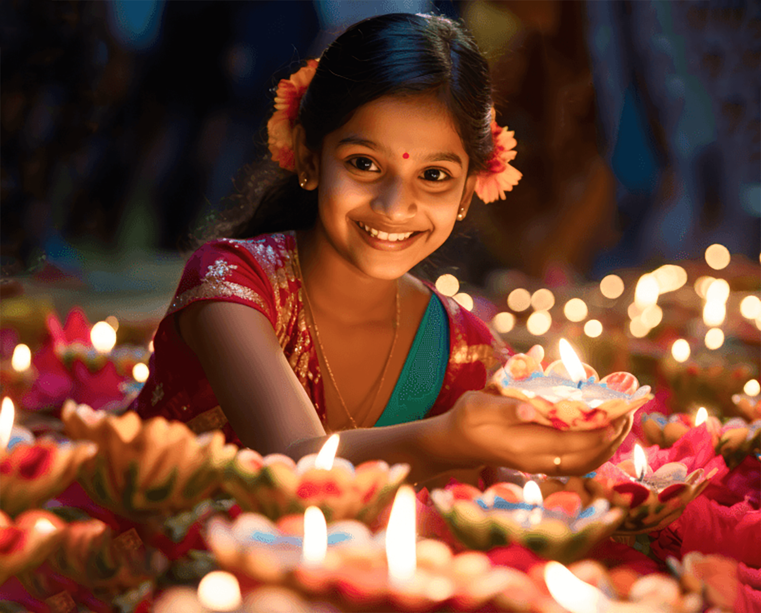 Girl celebrating festival of Diwali by lighting lamps