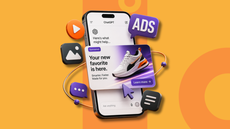 ChatGPT screen showing ads on a mobile screen on top of an orange background